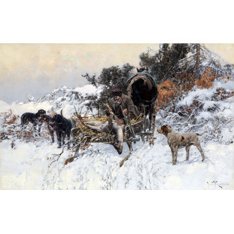 РЕПРОДУКЦИИ НА КАРТИНИ Ловец на каруца с убит елен и ловни кучета в снежен пейзаж (1912)